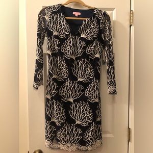 Navy blue lined long sleeve dress.  Lily Pulitzer.  Scalloped bottom.  New
